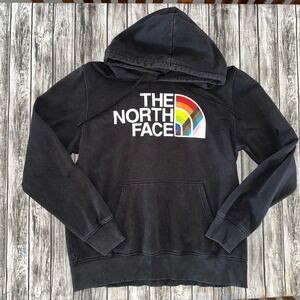 The North Face Men's Large Black Hoodie Rainbow Logo Sweatshirt Kangaroo Pocket